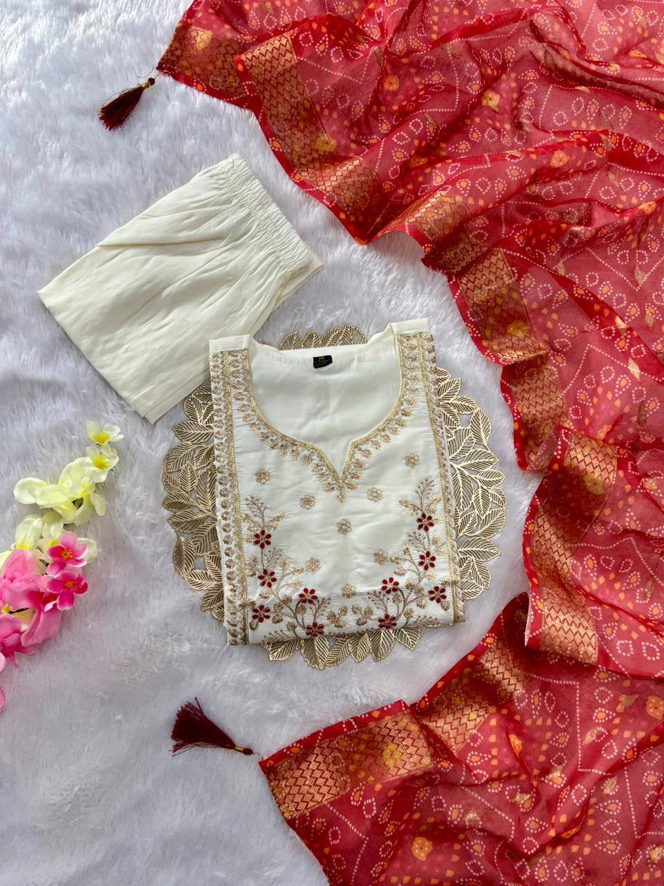 Cream Red Comfy Kurti Set