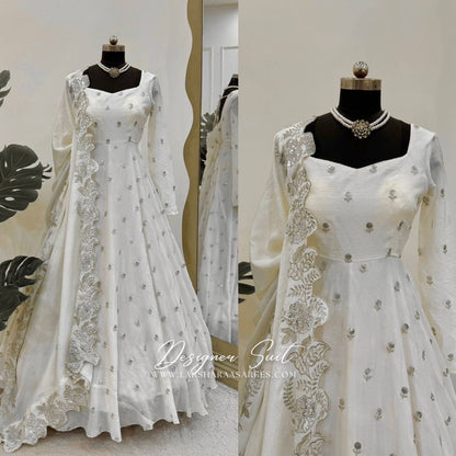 RABIAA -  White x Silver Anarkali Suit