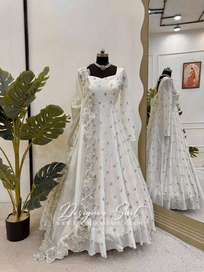 RABIAA -  White x Silver Anarkali Suit