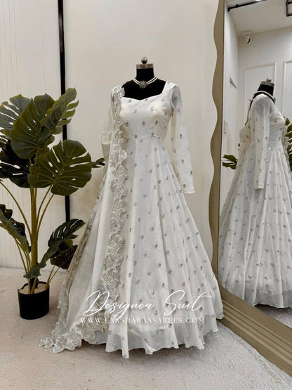 RABIAA -  White x Silver Anarkali Suit