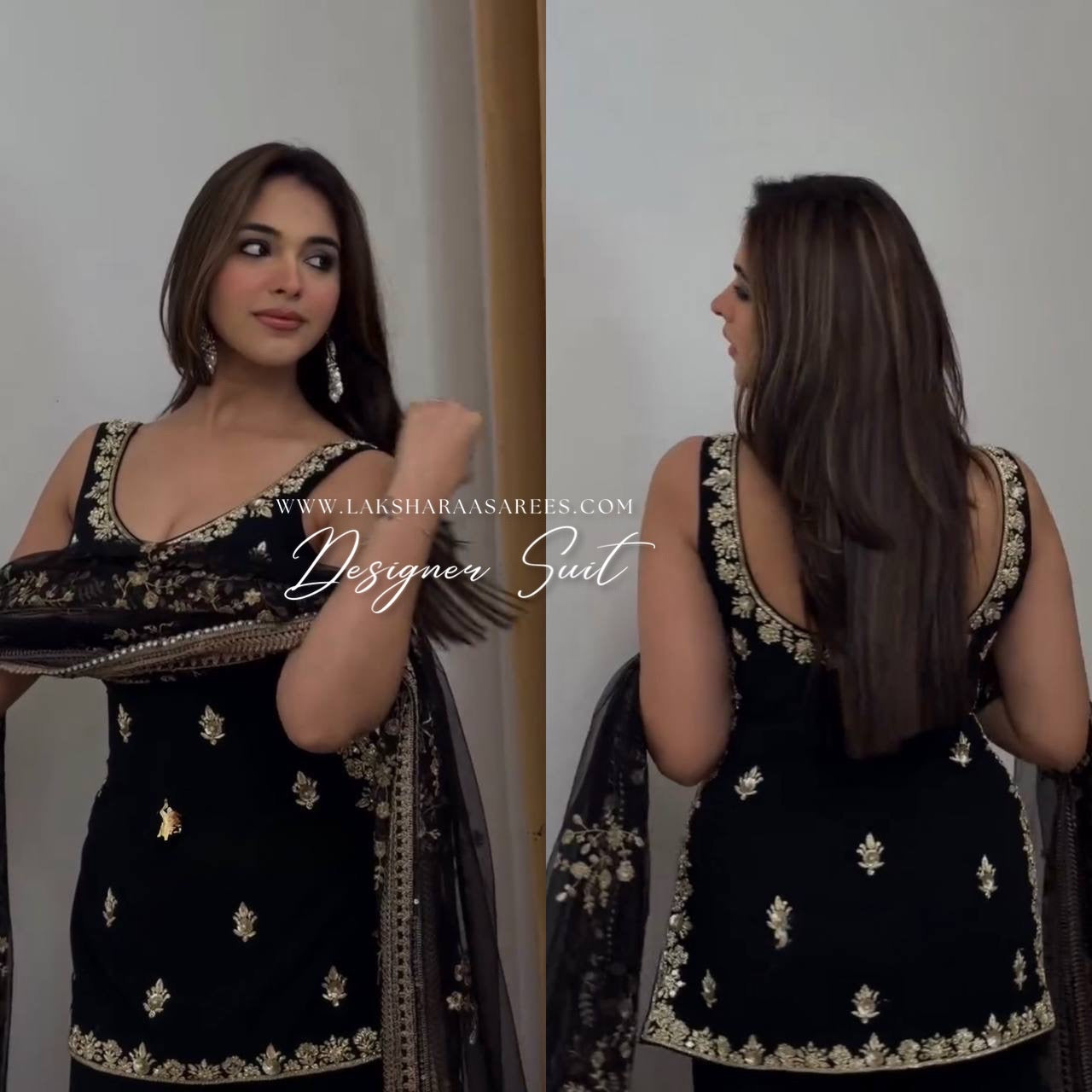 Black georgette palazzo suit by Laksharaa Sarees featuring a stylish kurta and matching wide-leg palazzo pants.