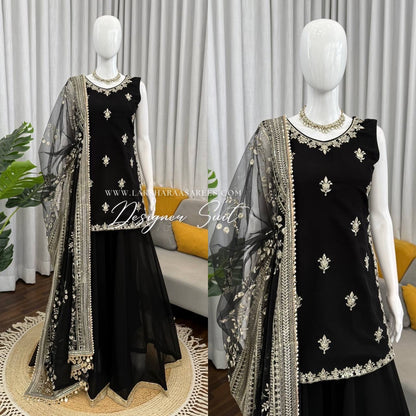 Black Georgette Pallazo Suit from Laksharaa Sarees featuring a stylish, flowy design with intricate detailing and comfortable fit.