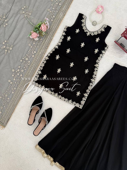 Black georgette palazzo suit from Laksharaa Sarees featuring a traditional design and elegant fit.