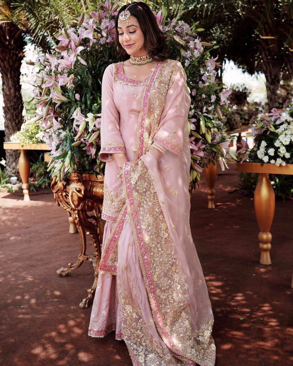 Anvita Baby Pink x Gold Sharara Suit