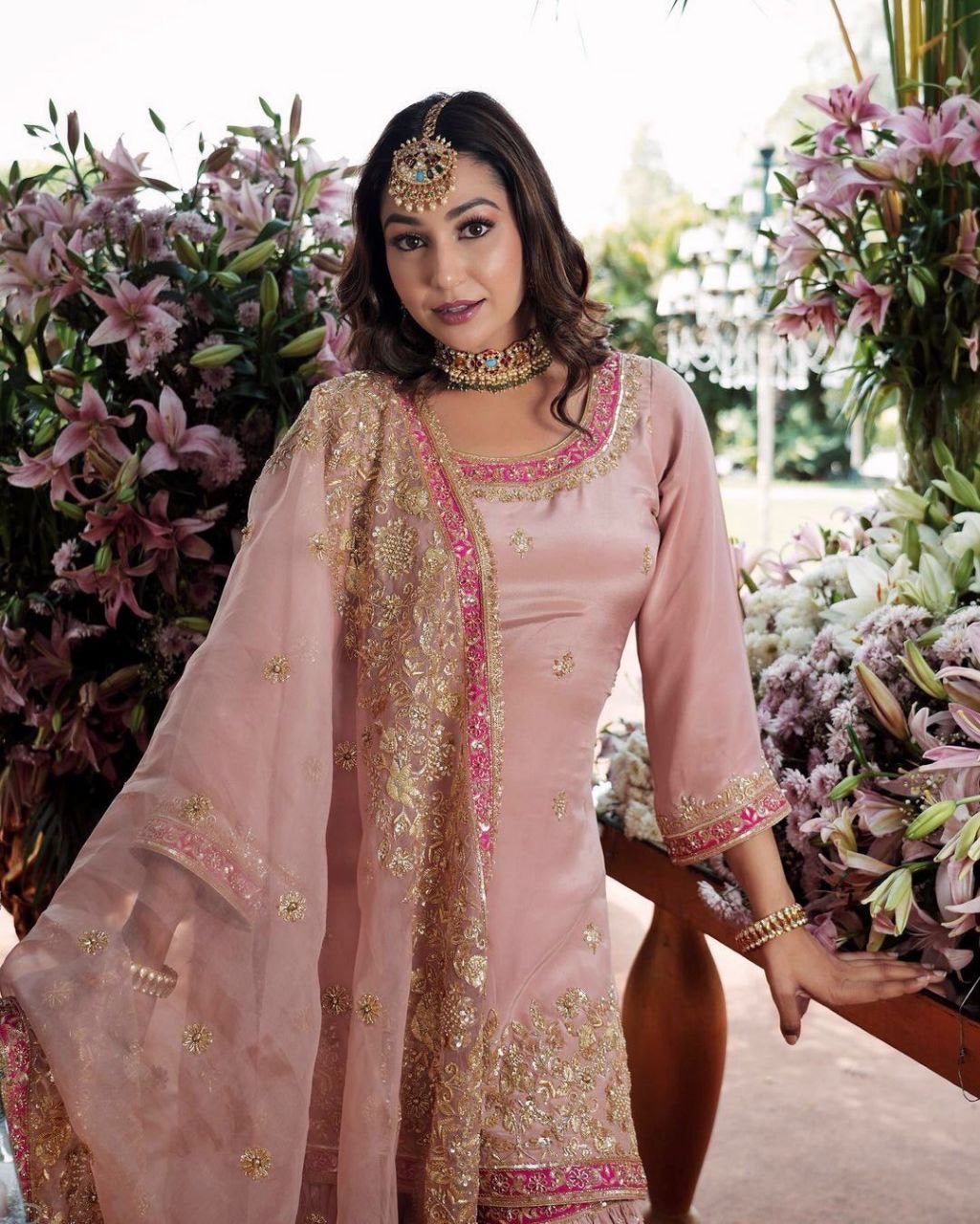 Anvita Baby Pink x Gold Sharara Suit