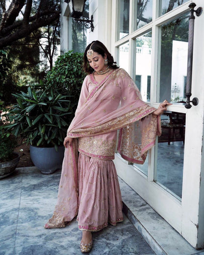 Anvita Baby Pink x Gold Sharara Suit