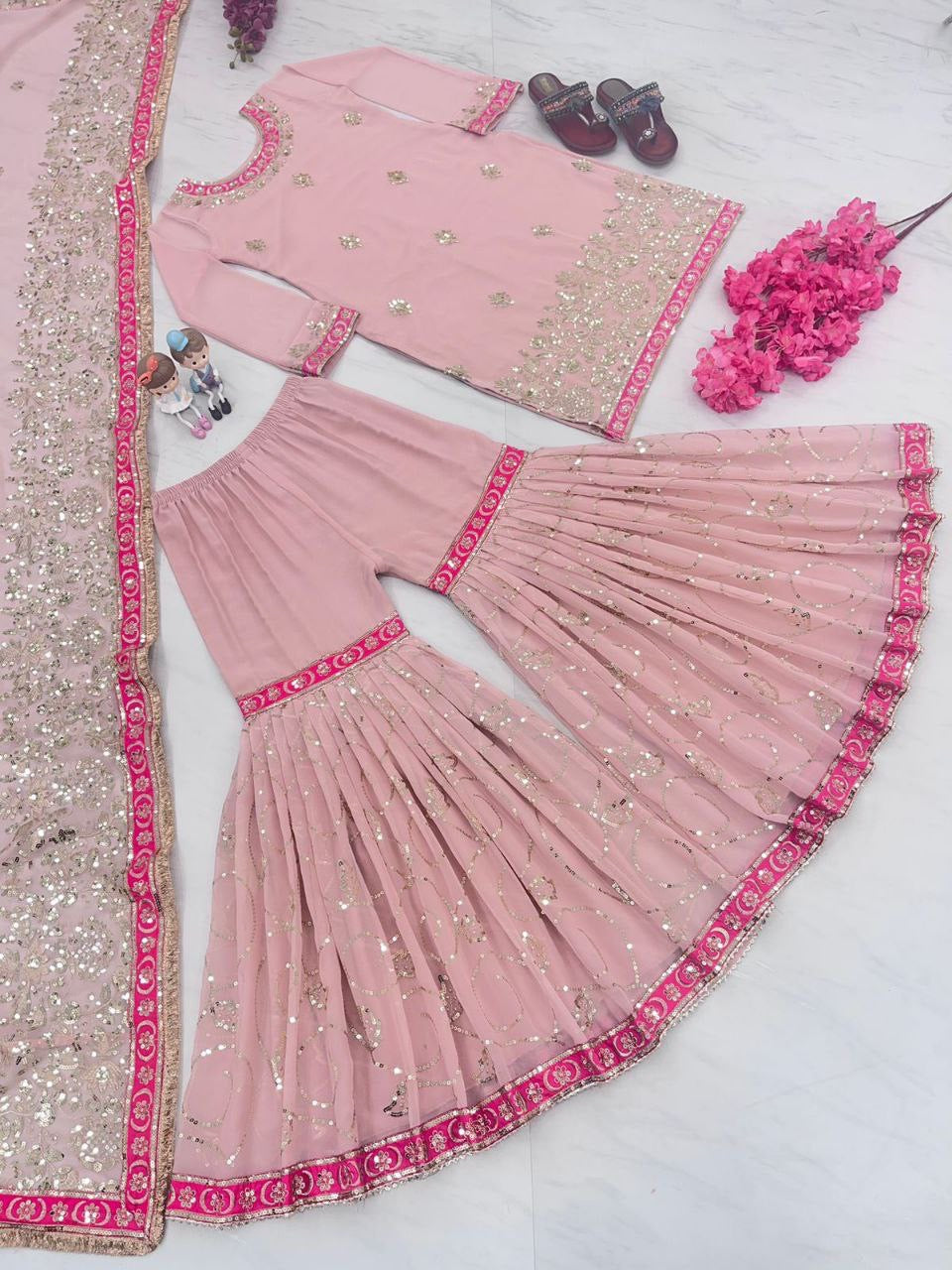 Anvita Baby Pink x Gold Sharara Suit