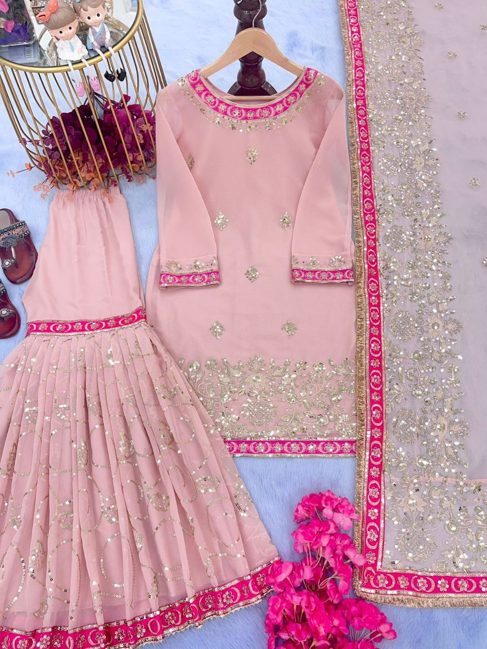 Anvita Baby Pink x Gold Sharara Suit