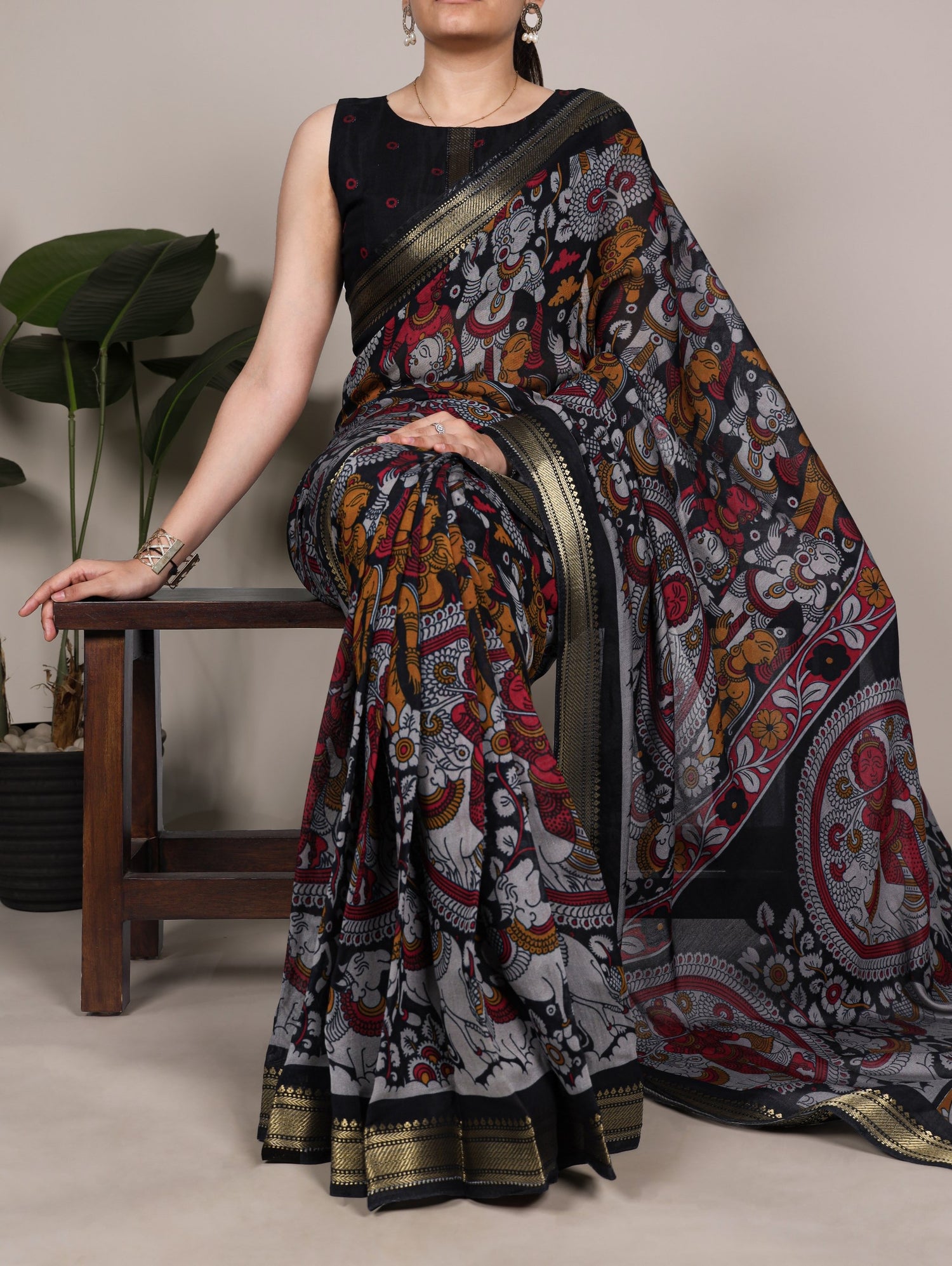 Elegant KALAMKARI soft Chanderi saree with intricate designs, showcasing traditional craftsmanship and vibrant fabric.