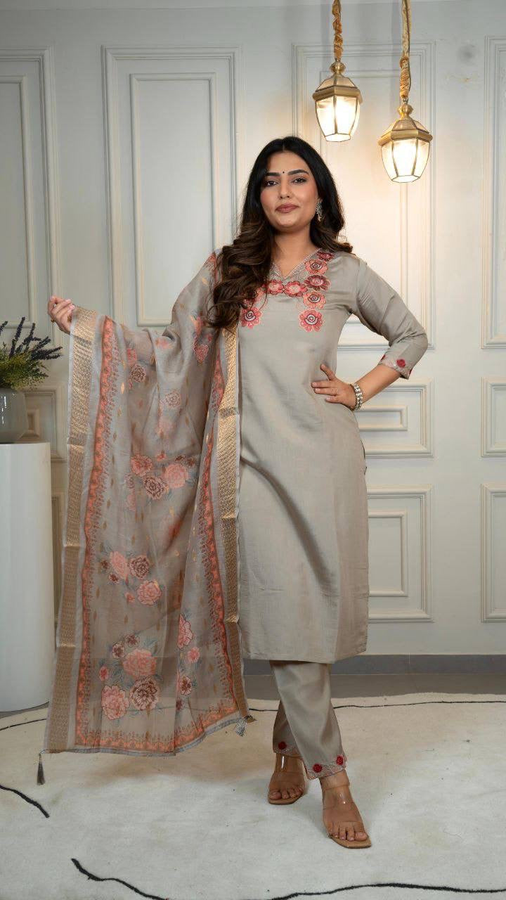 Grey Floral Kurti Set