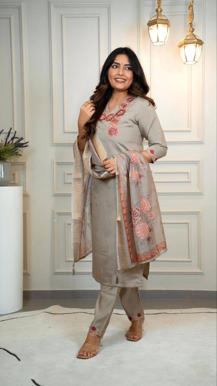 Grey Floral Kurti Set