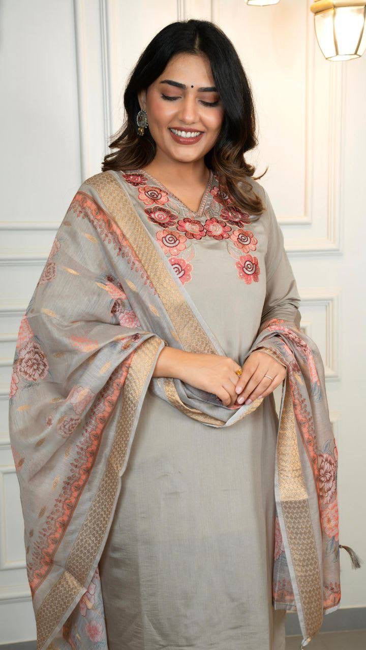Grey Floral Kurti Set