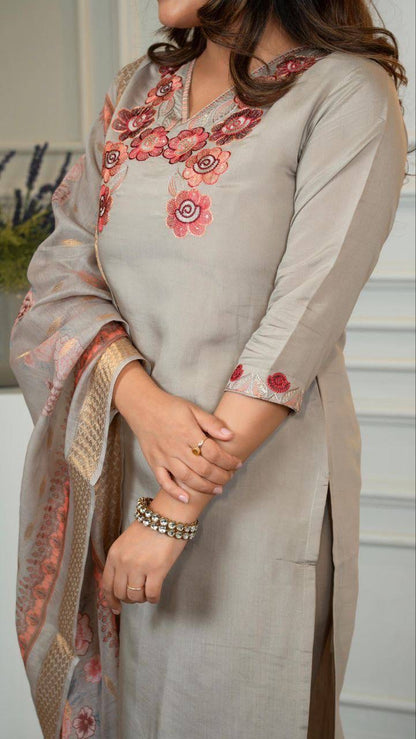 Grey Floral Kurti Set