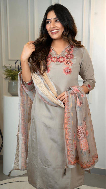 Grey Floral Kurti Set