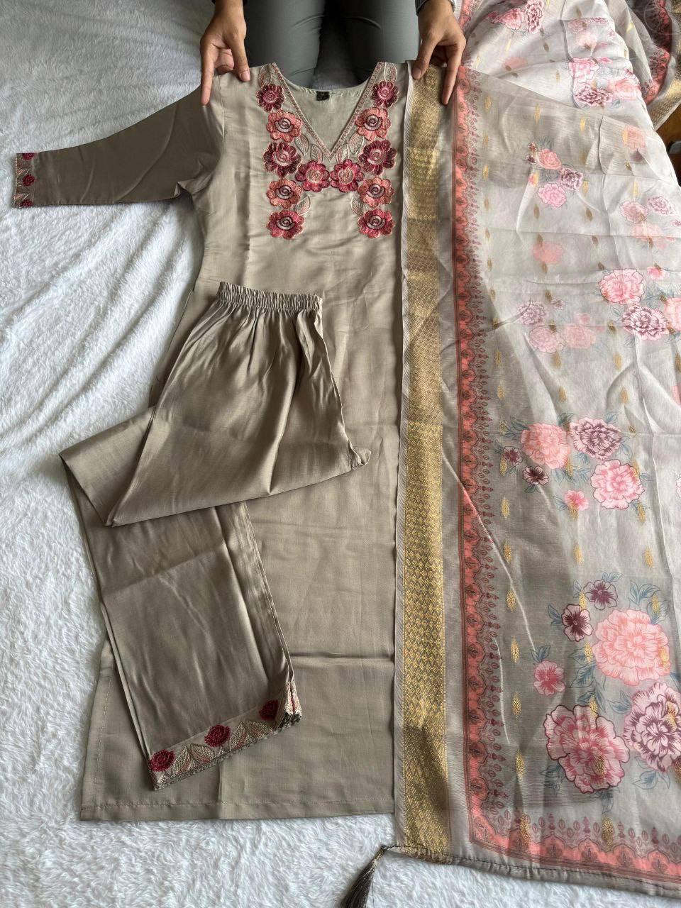 Grey Floral Kurti Set