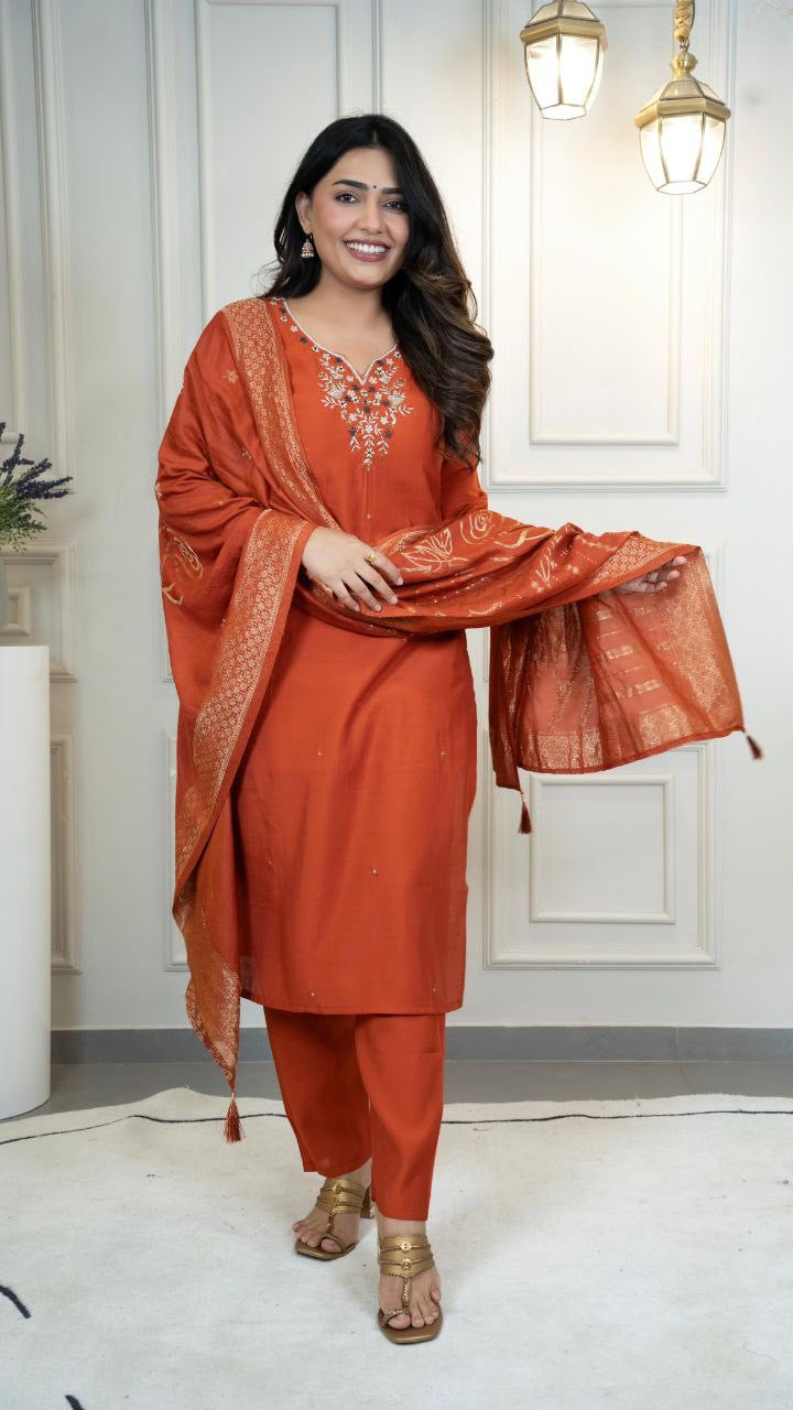Orange Floral Kurti Set