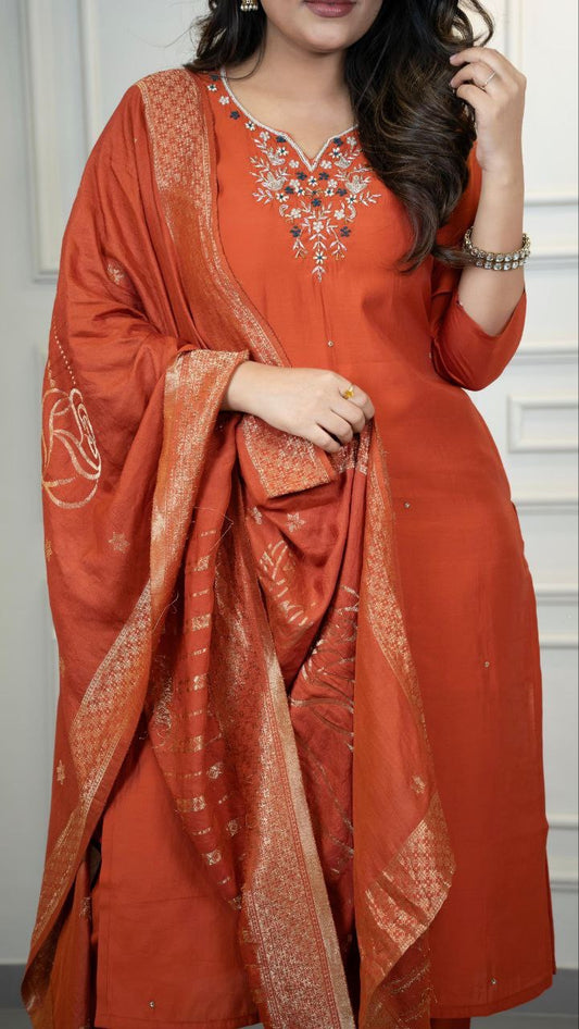 Orange Floral Kurti Set