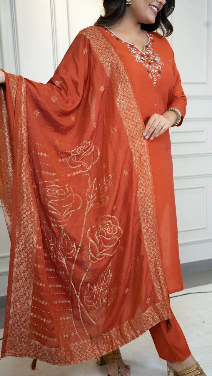 Orange Floral Kurti Set