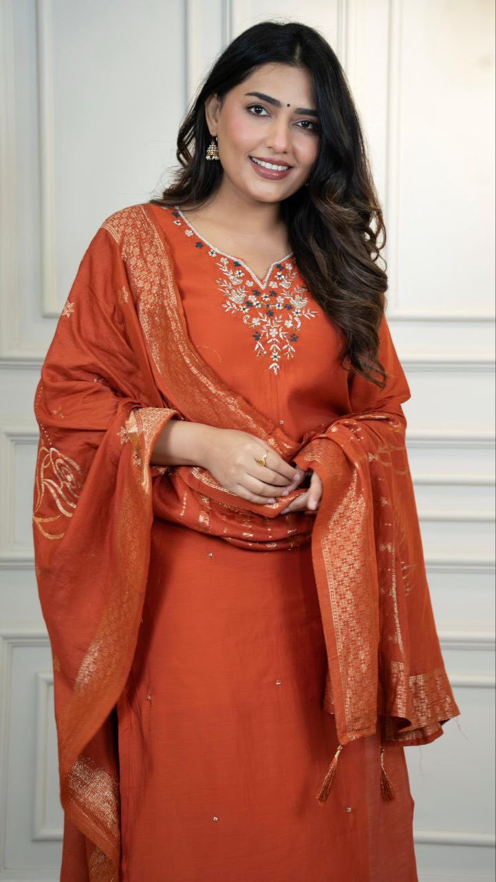 Orange Floral Kurti Set
