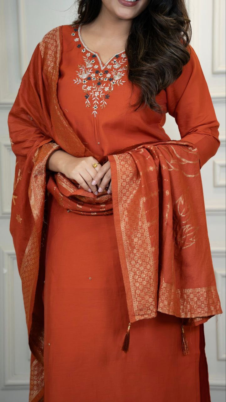 Orange Floral Kurti Set