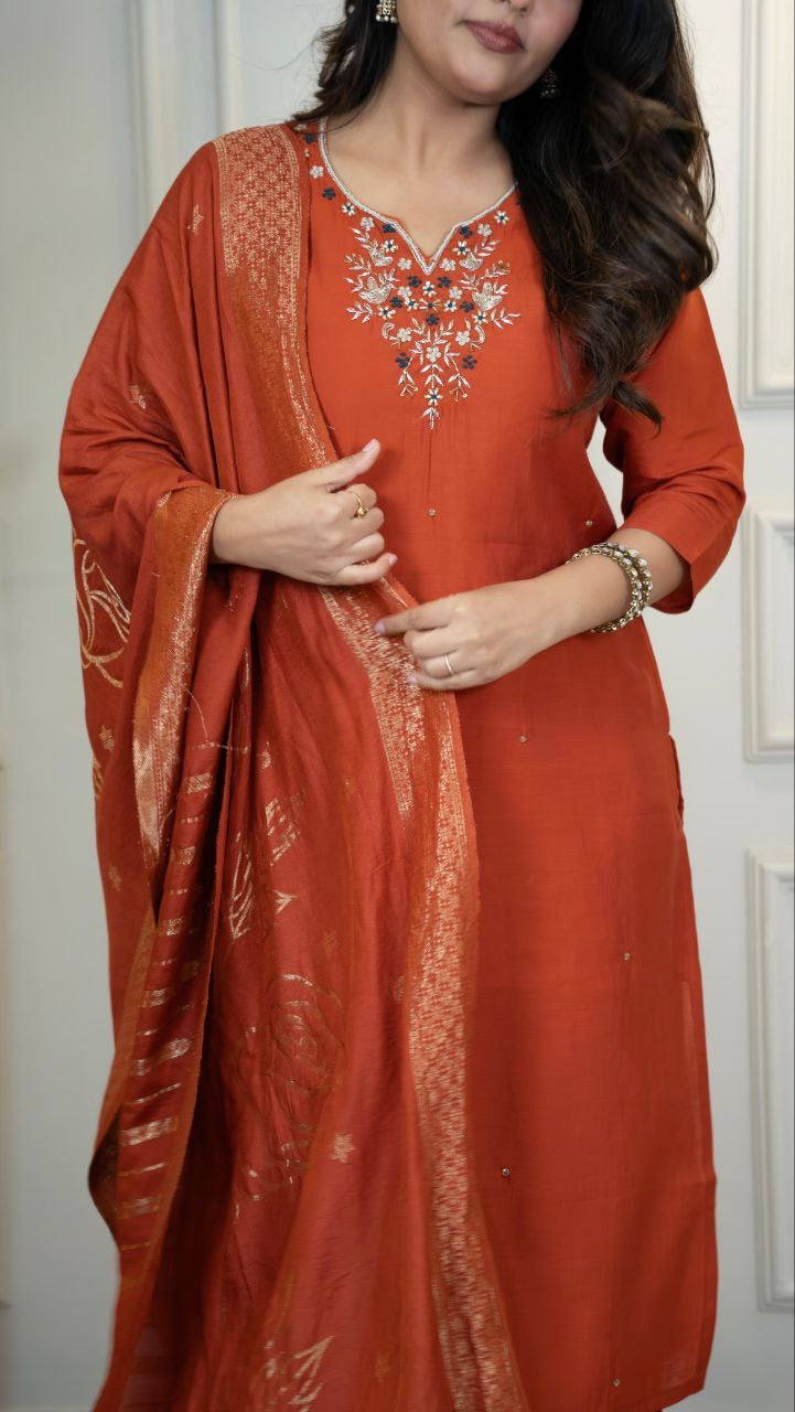 Orange Floral Kurti Set
