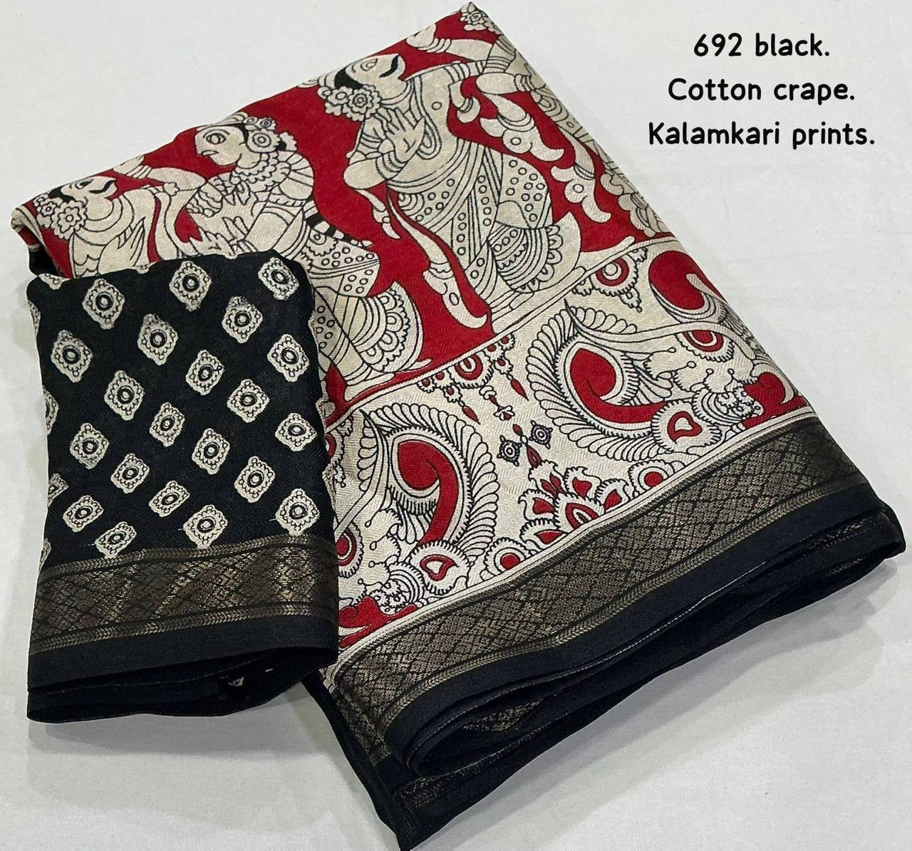 Black and red soft cotton crepe Kalamkari saree with intricate hand-painted designs from Laksharaa Sarees.