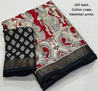 Black and red soft cotton crepe Kalamkari saree with intricate hand-painted designs from Laksharaa Sarees.