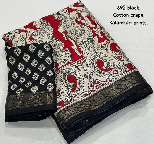 Black and red soft cotton crepe Kalamkari saree with intricate hand-painted designs from Laksharaa Sarees.