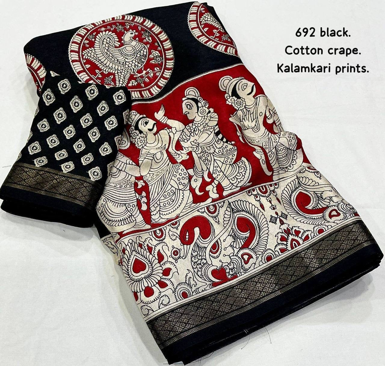 Black and red soft cotton crepe Kalamkari saree with intricate hand-painted designs, styled with traditional draping.