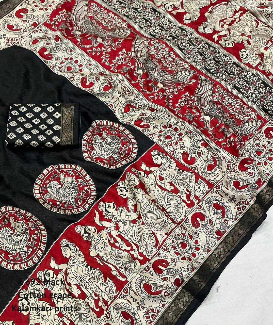Black and red soft cotton crepe Kalamkari saree by Laksharaa Sarees, showcasing intricate hand-painted floral designs and traditional craftsmanship.