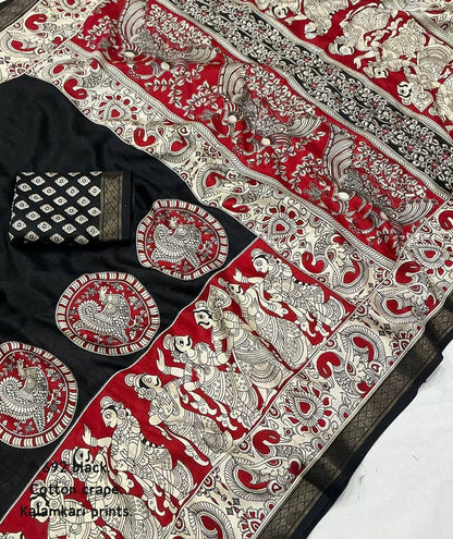 Black and red soft cotton crepe Kalamkari saree by Laksharaa Sarees, showcasing intricate hand-painted floral designs and traditional craftsmanship.