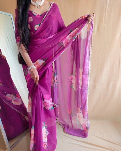 Georgette Floral Saree x Pearl Border