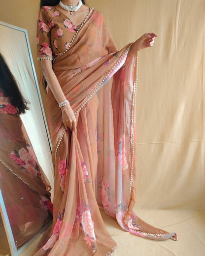 Georgette Floral Saree x Pearl Border