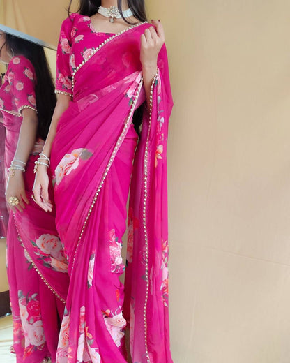 Georgette Floral Saree x Pearl Border