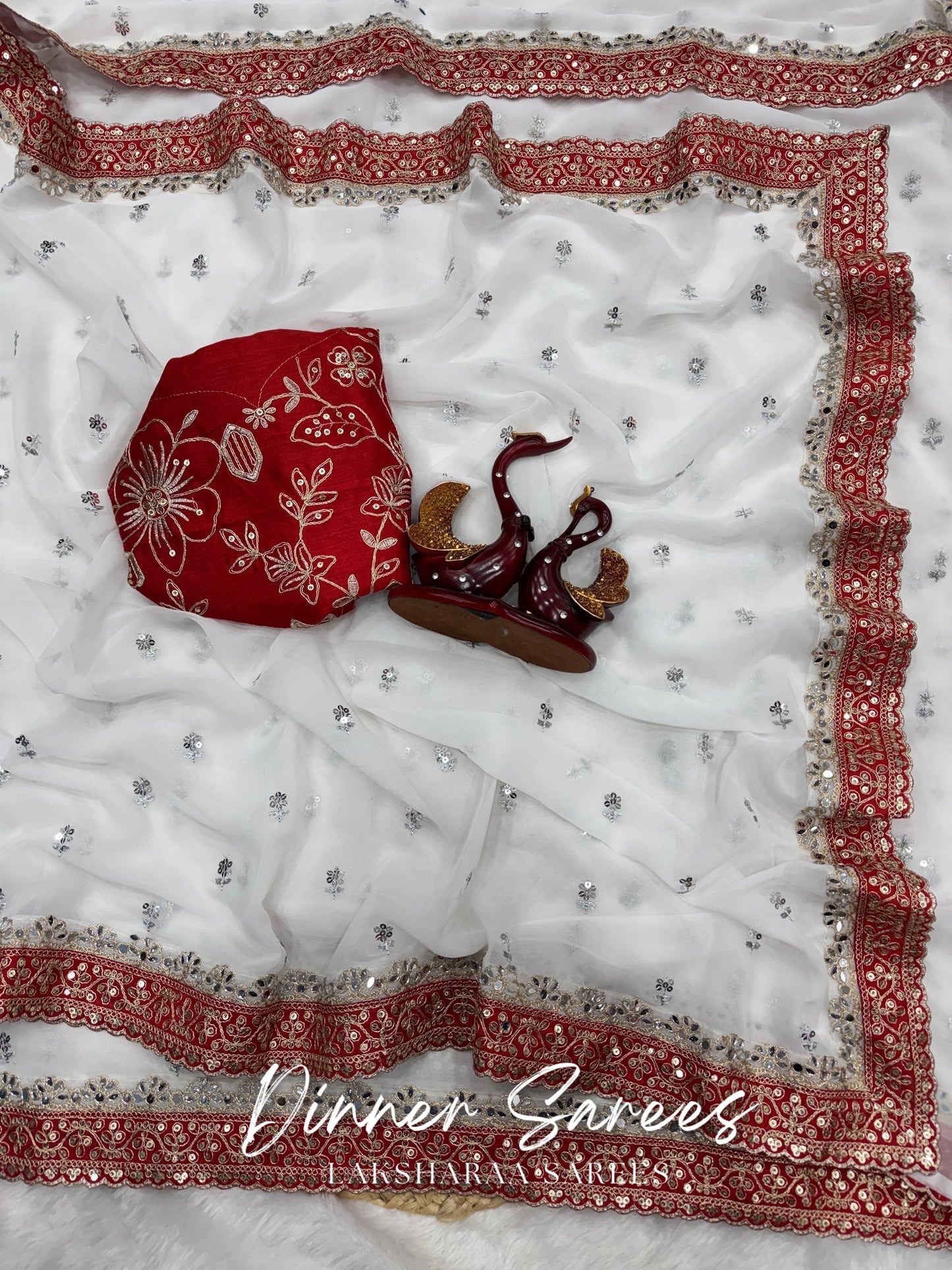 AISHU — Red x White Mirror workGeorgette Saree