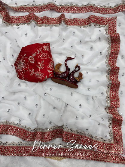 AISHU — Red x White Mirror workGeorgette Saree