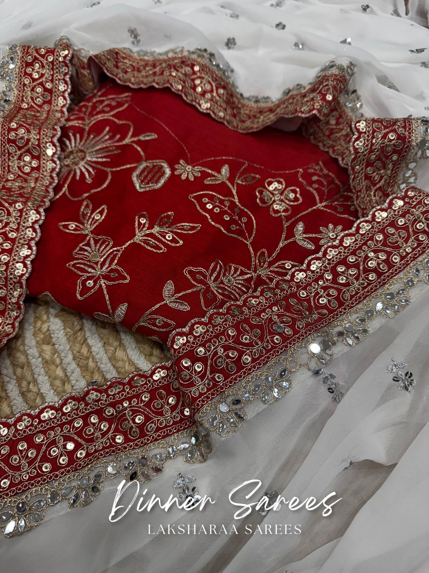 AISHU — Red x White Mirror workGeorgette Saree