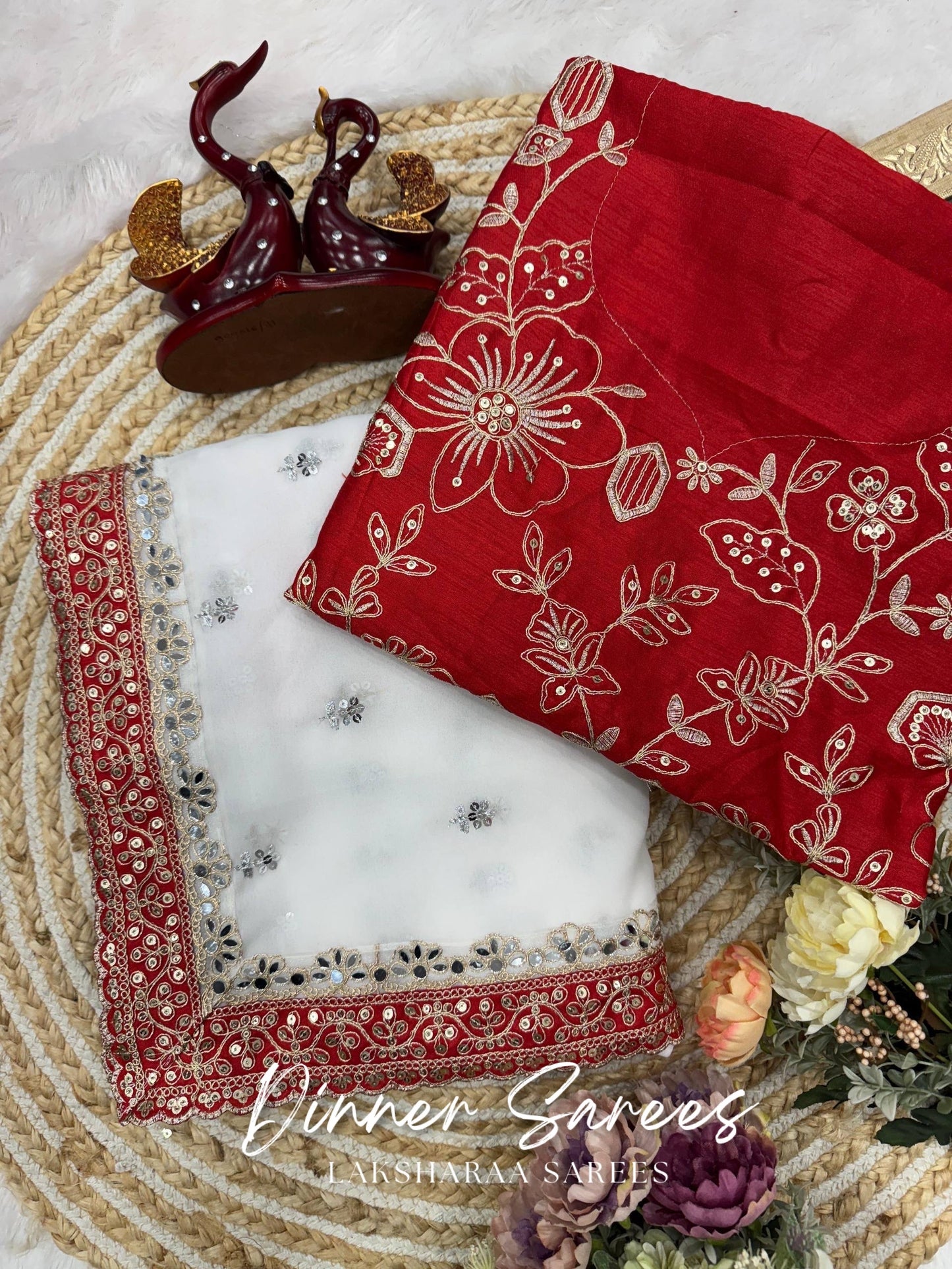 AISHU — Red x White Mirror workGeorgette Saree