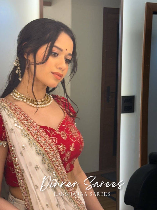 AISHU — Red x White Mirror workGeorgette Saree