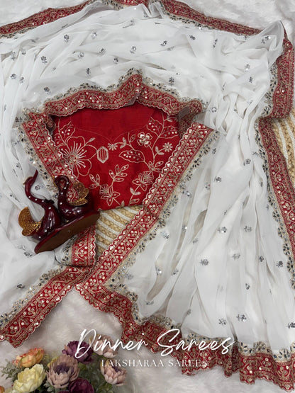 AISHU — Red x White Mirror workGeorgette Saree