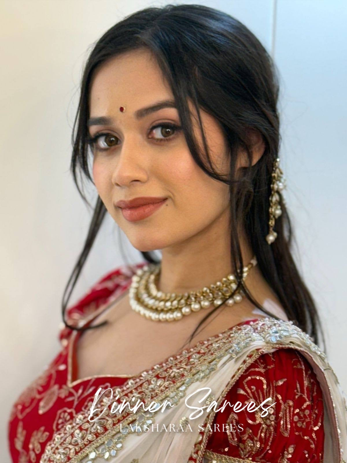 AISHU — Red x White Mirror workGeorgette Saree