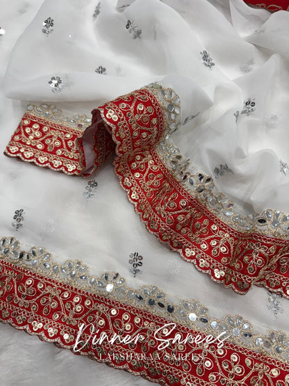 AISHU — Red x White Mirror workGeorgette Saree