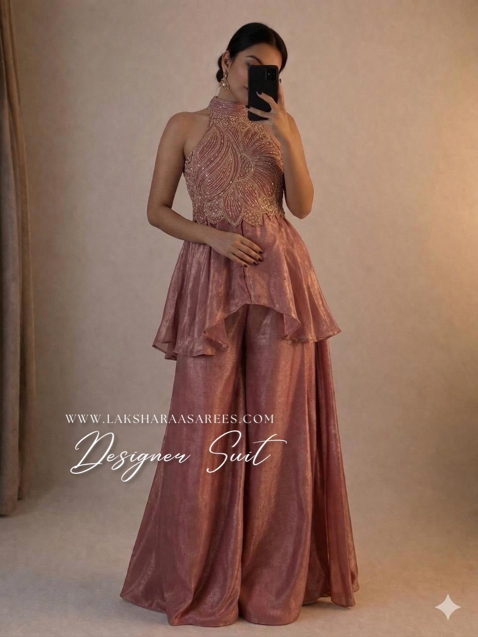 Shimmer silk halter top designer suit with matching palazzo pants in elegant fabric, featuring intricate detailing and vibrant colors.