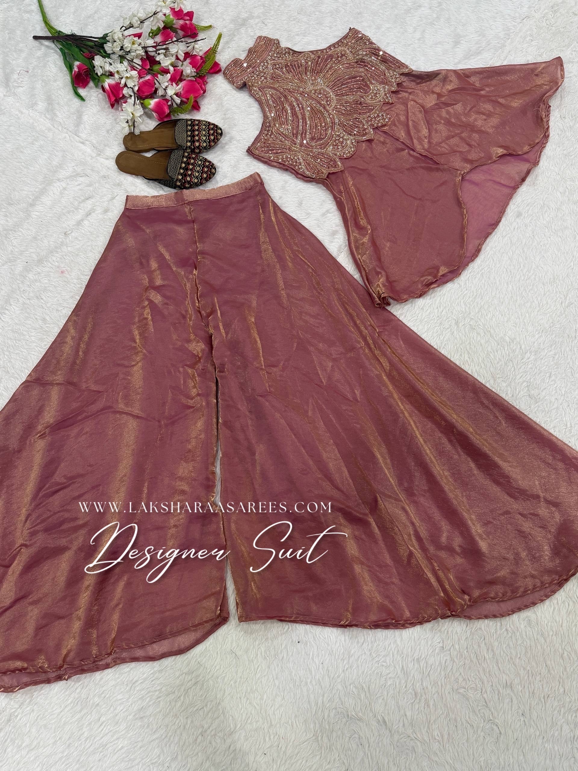 Shimmer silk halter top designer suit with matching palazzo pants by Laksharaa Sarees, featuring elegant embroidery and stylish design.