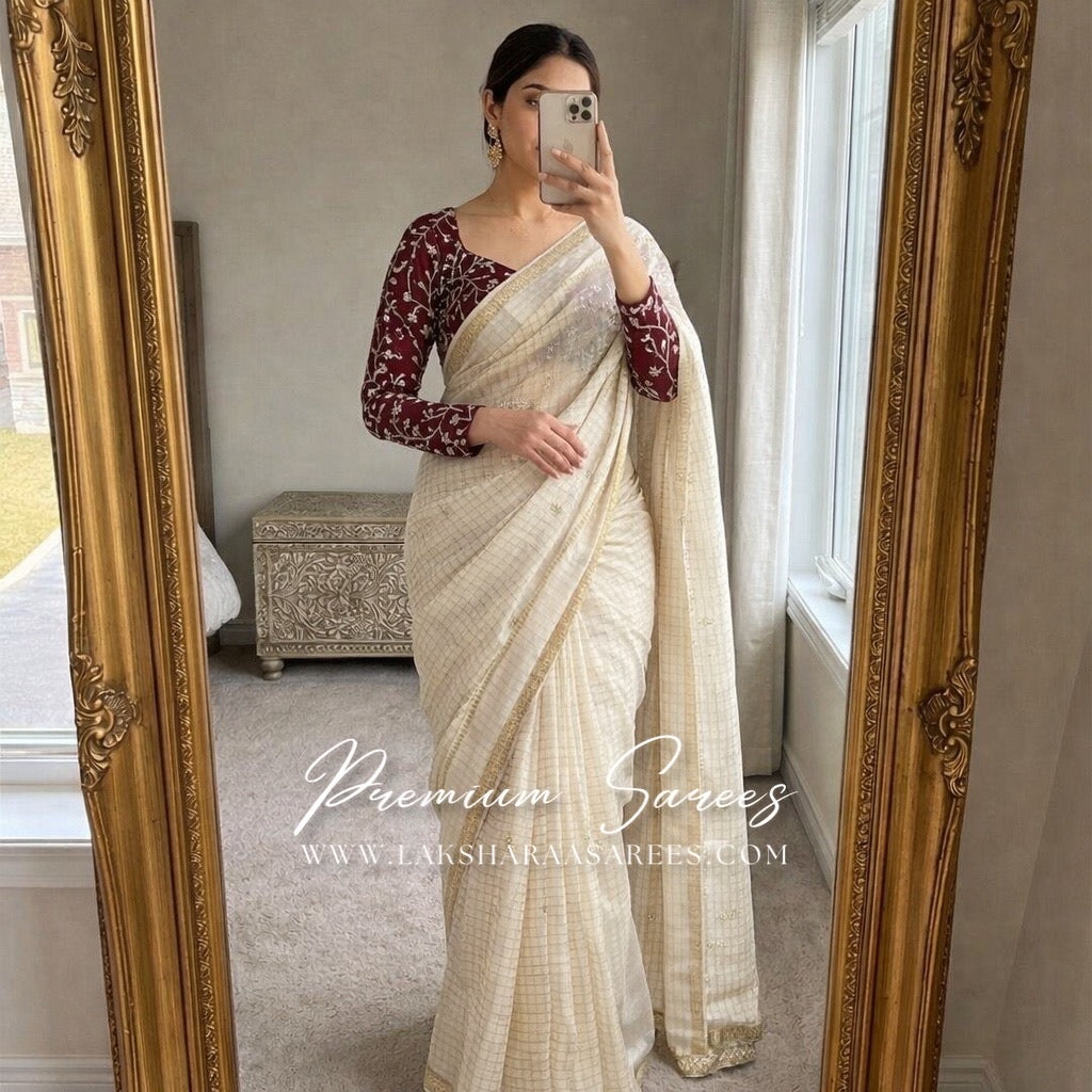 VANI Chex Viscose Georgette Saree with embroidered blouse, featuring intricate embroidery and elegant drape in a traditional style.