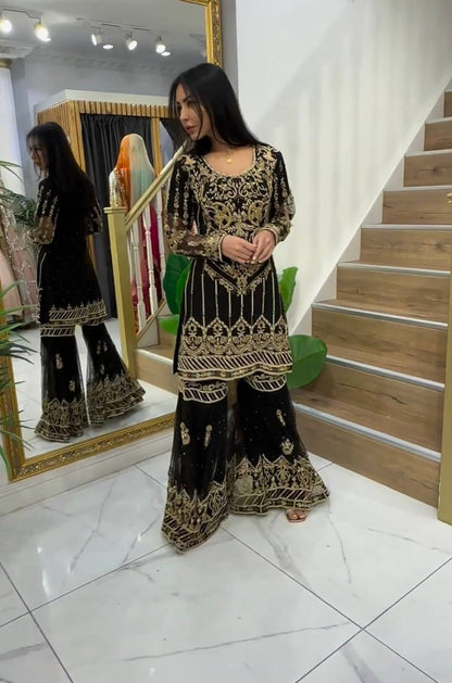 Black x Gold Premium Sharara Set