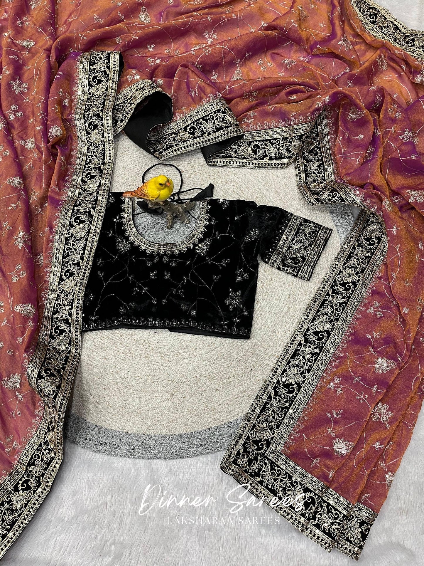 TUSHA — Georgette Saree with Floral Embroidery Work x Grand Border