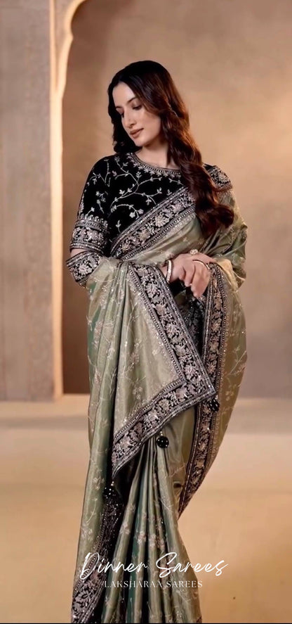 TUSHA — Georgette Saree with Floral Embroidery Work x Grand Border