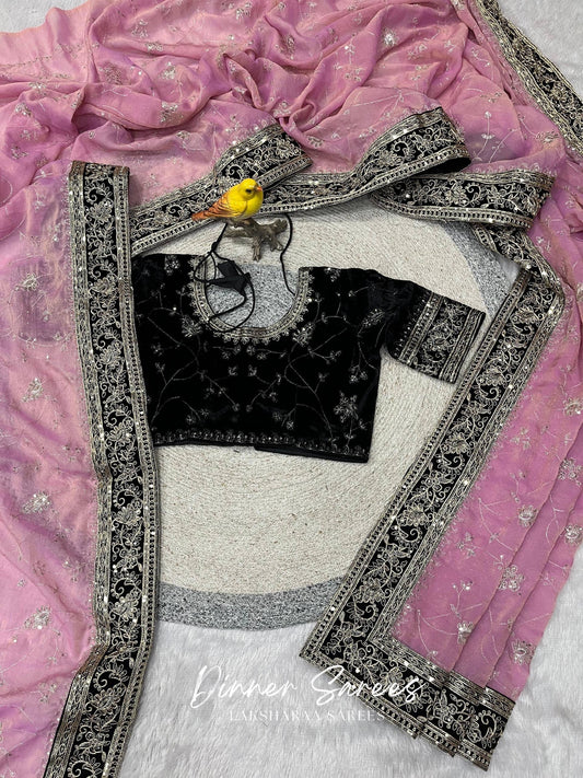 TUSHA — Georgette Saree with Floral Embroidery Work x Grand Border