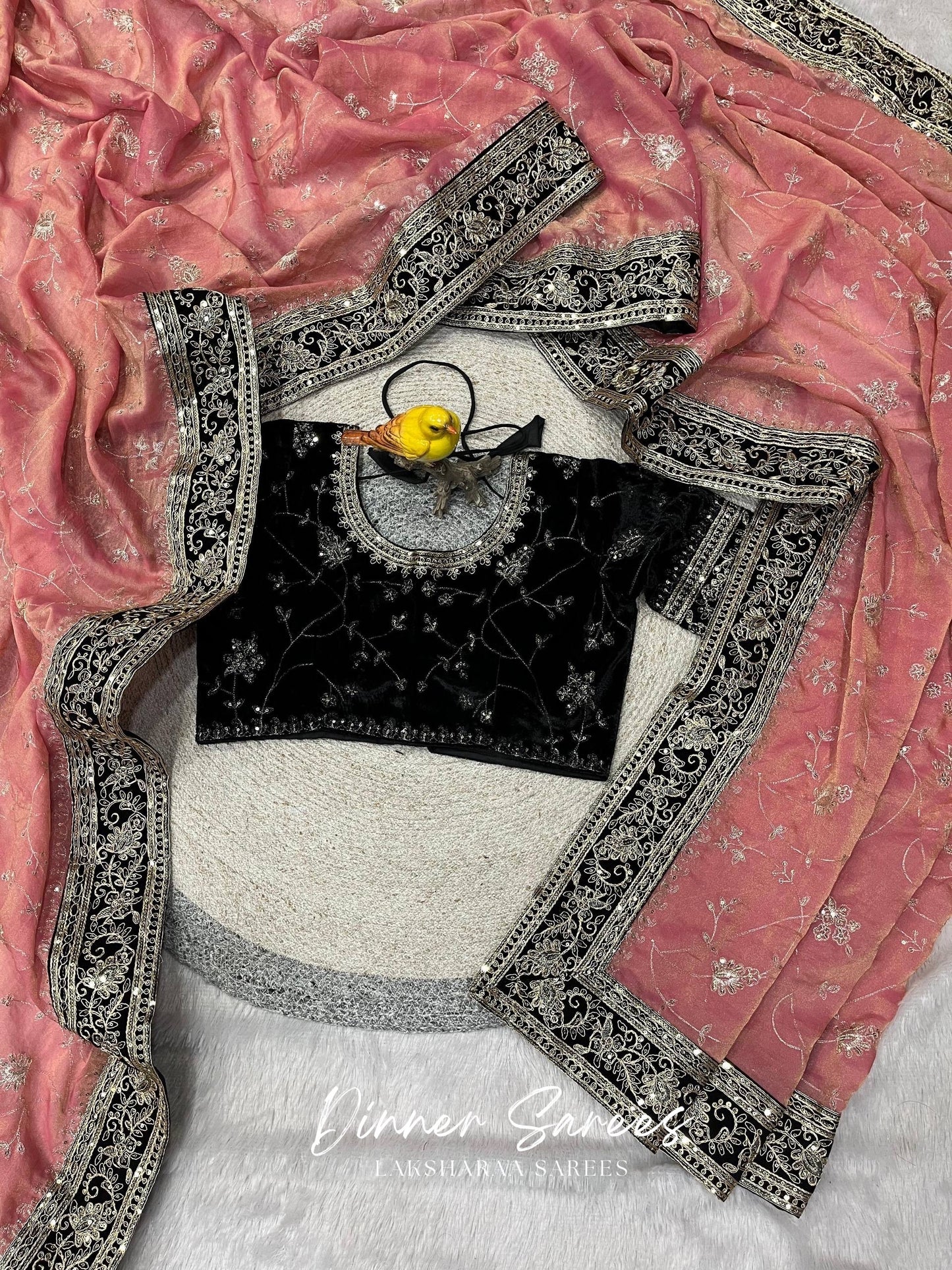 TUSHA — Georgette Saree with Floral Embroidery Work x Grand Border